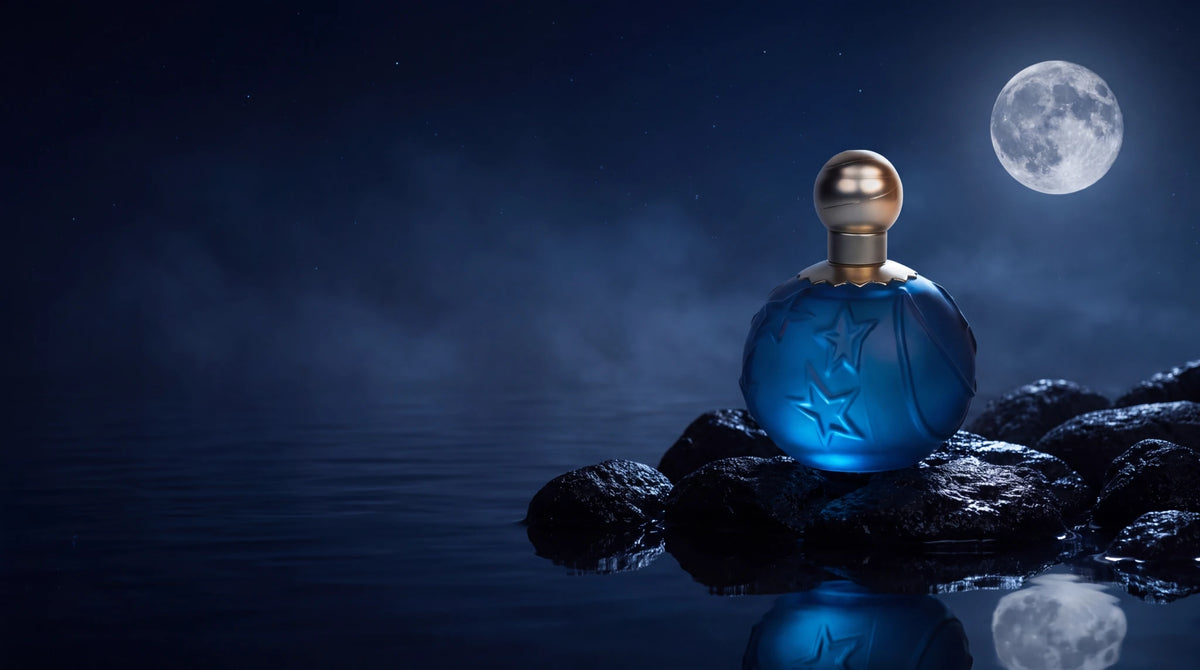The Original blue celestial bottle on a moonlit shore